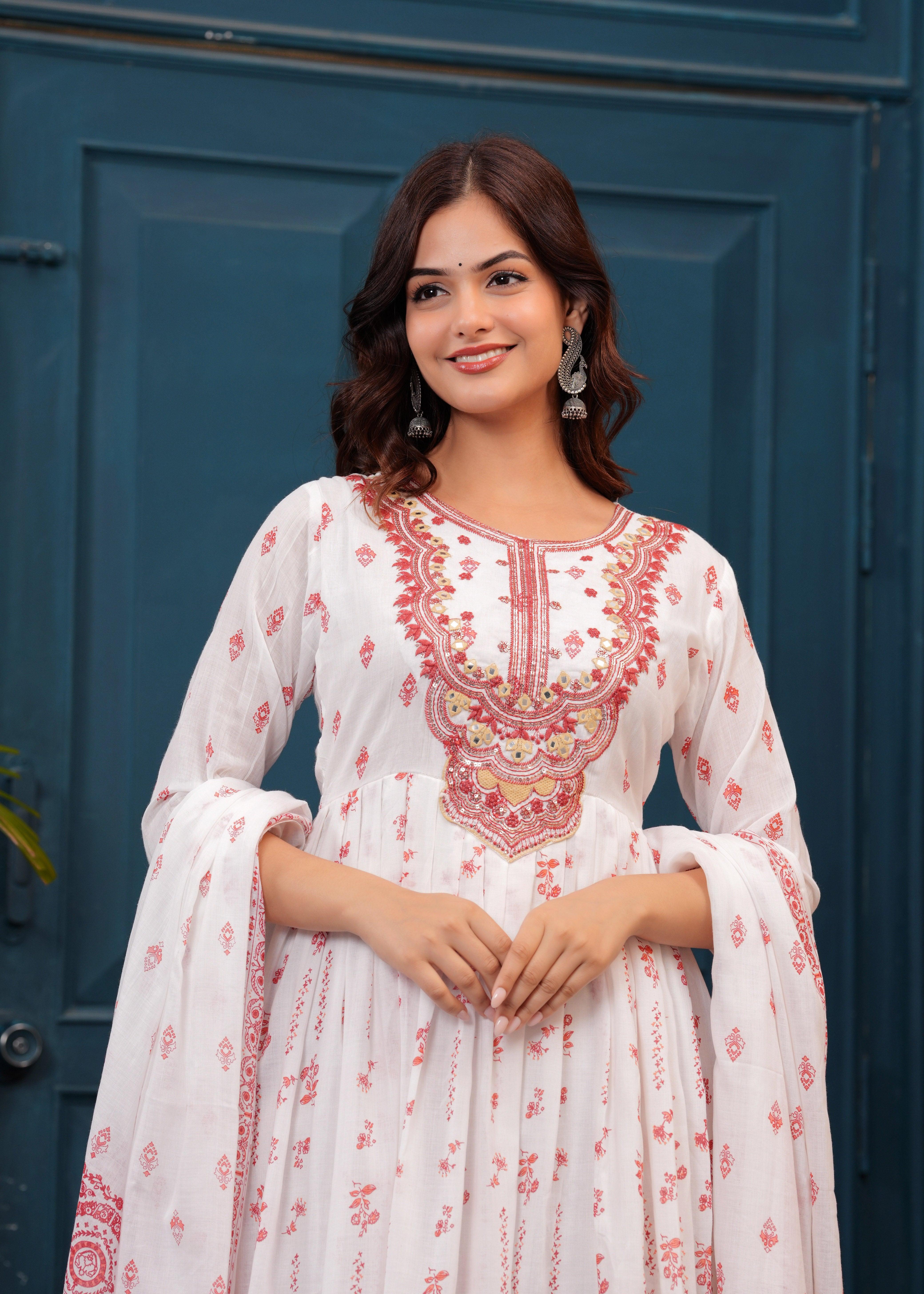White Red Embroidered Mulmul Anarkali Gown with Dupatta