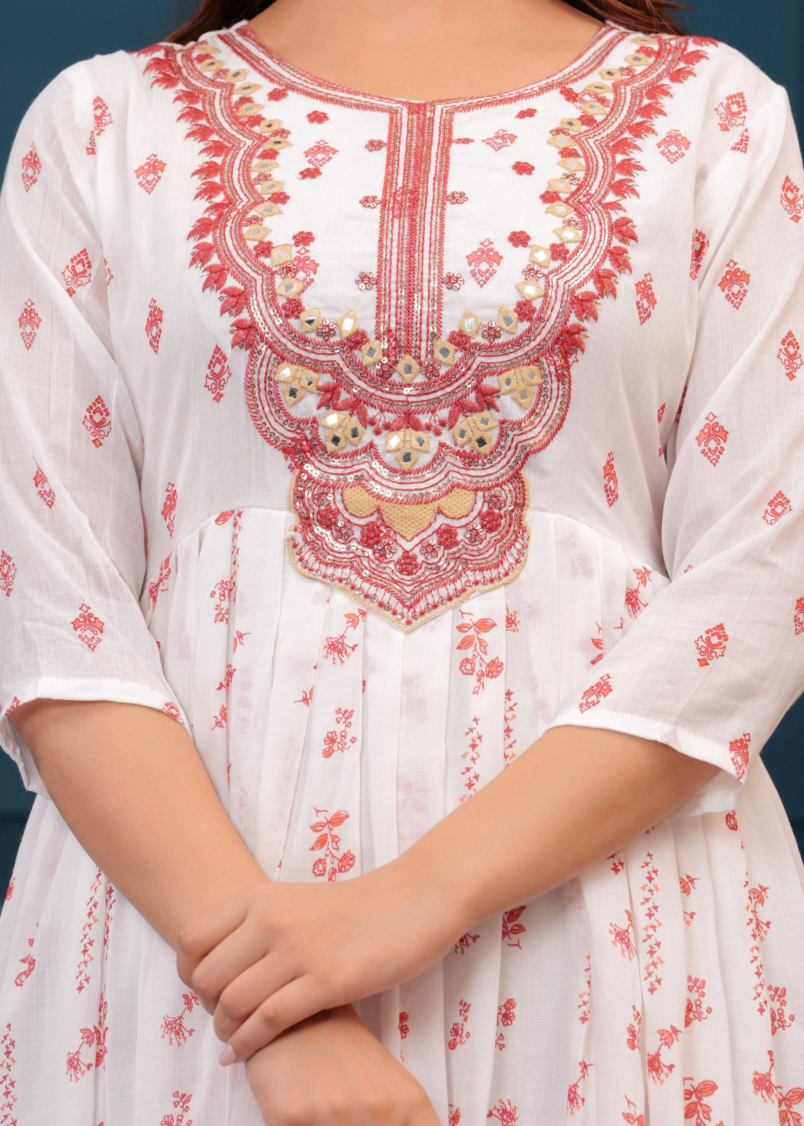 White Red Embroidered Mulmul Anarkali Gown with Dupatta
