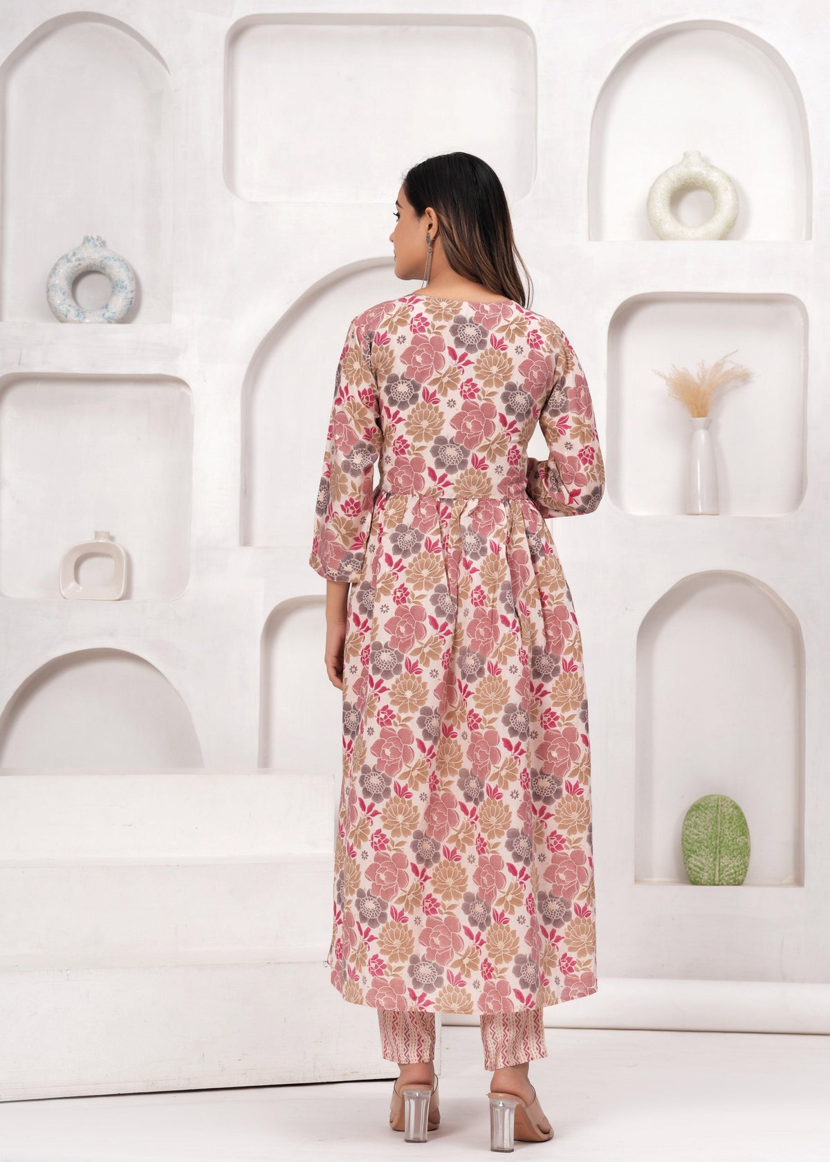 Floral Printed Muslin Alia Cut Suit Set with Pale Copper Chiffon Dupatta