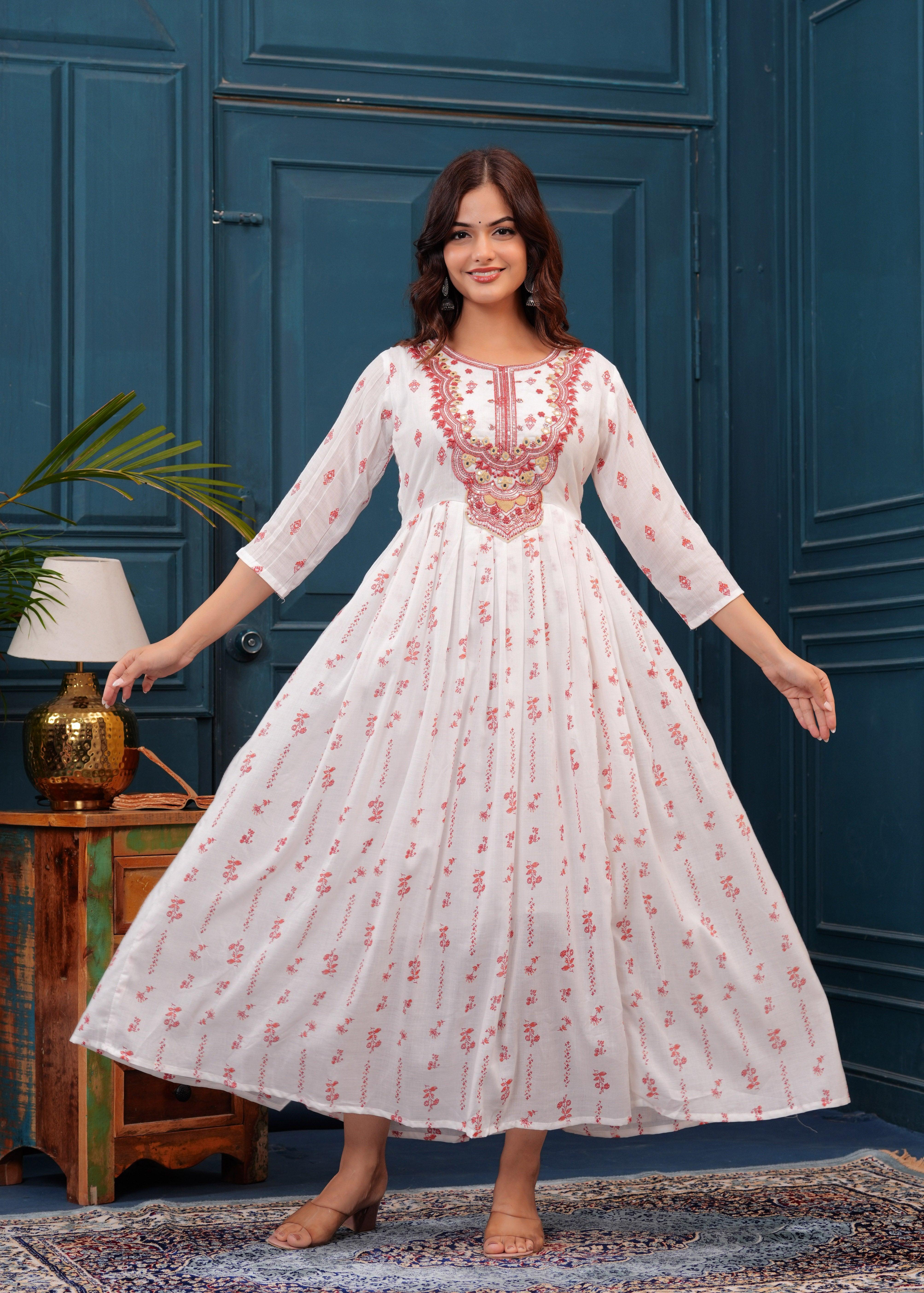 White Red Embroidered Mulmul Anarkali Gown with Dupatta