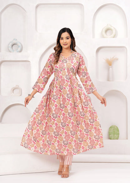 Floral Printed Muslin Alia Cut Suit Set with Pale Copper Chiffon Dupatta