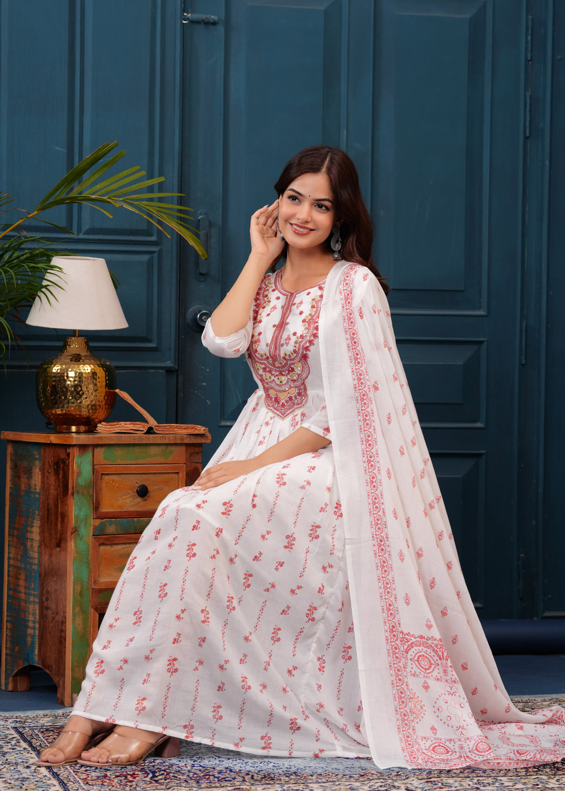 White Red Embroidered Mulmul Anarkali Gown with Dupatta