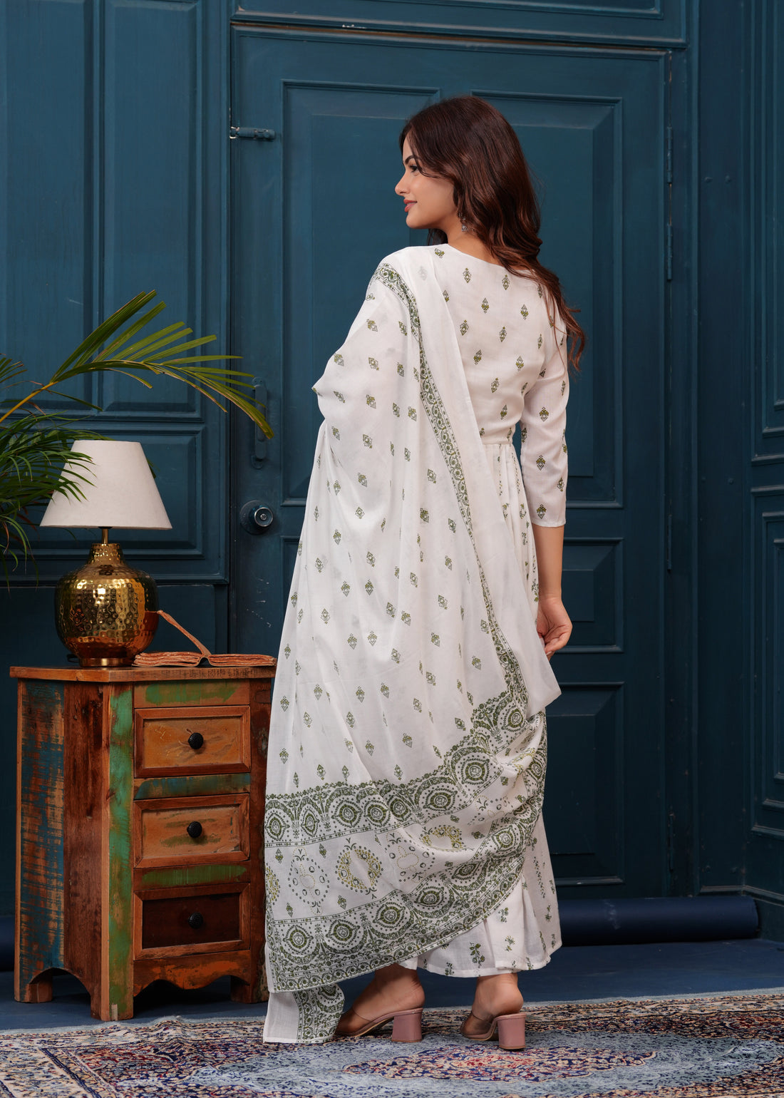 White Green Embroidered Mulmul Anarkali Gown with Dupatta