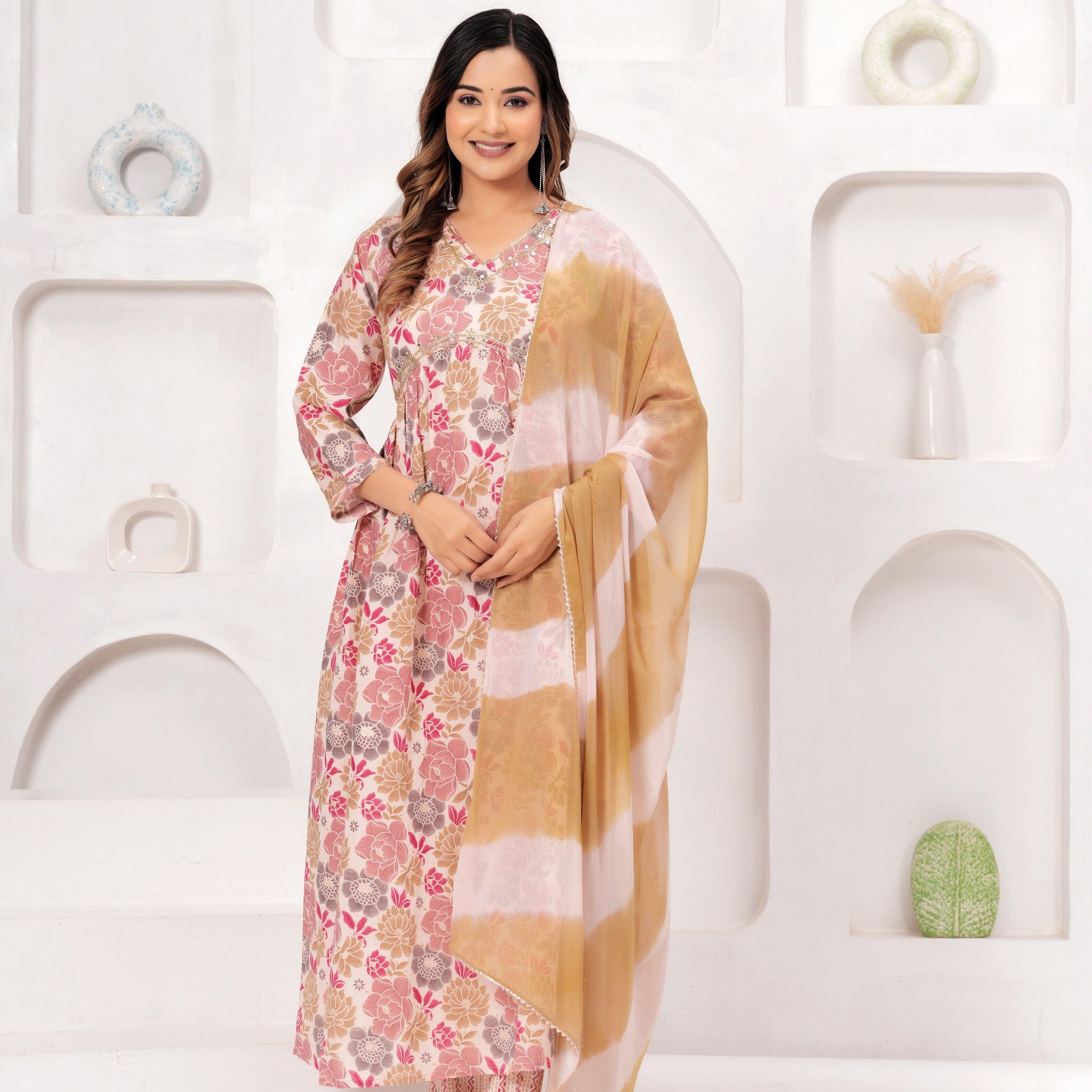 Floral Printed Muslin Alia Cut Suit Set with Pale Copper Chiffon Dupatta