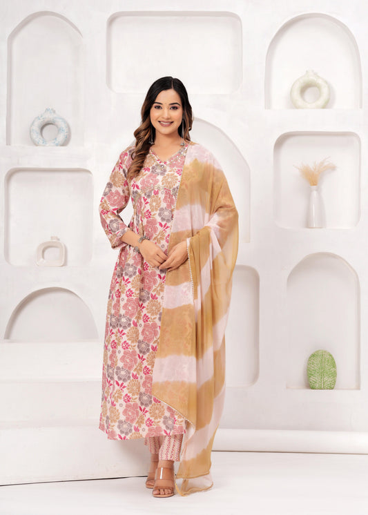 Floral Printed Muslin Alia Cut Suit Set with Pale Copper Chiffon Dupatta