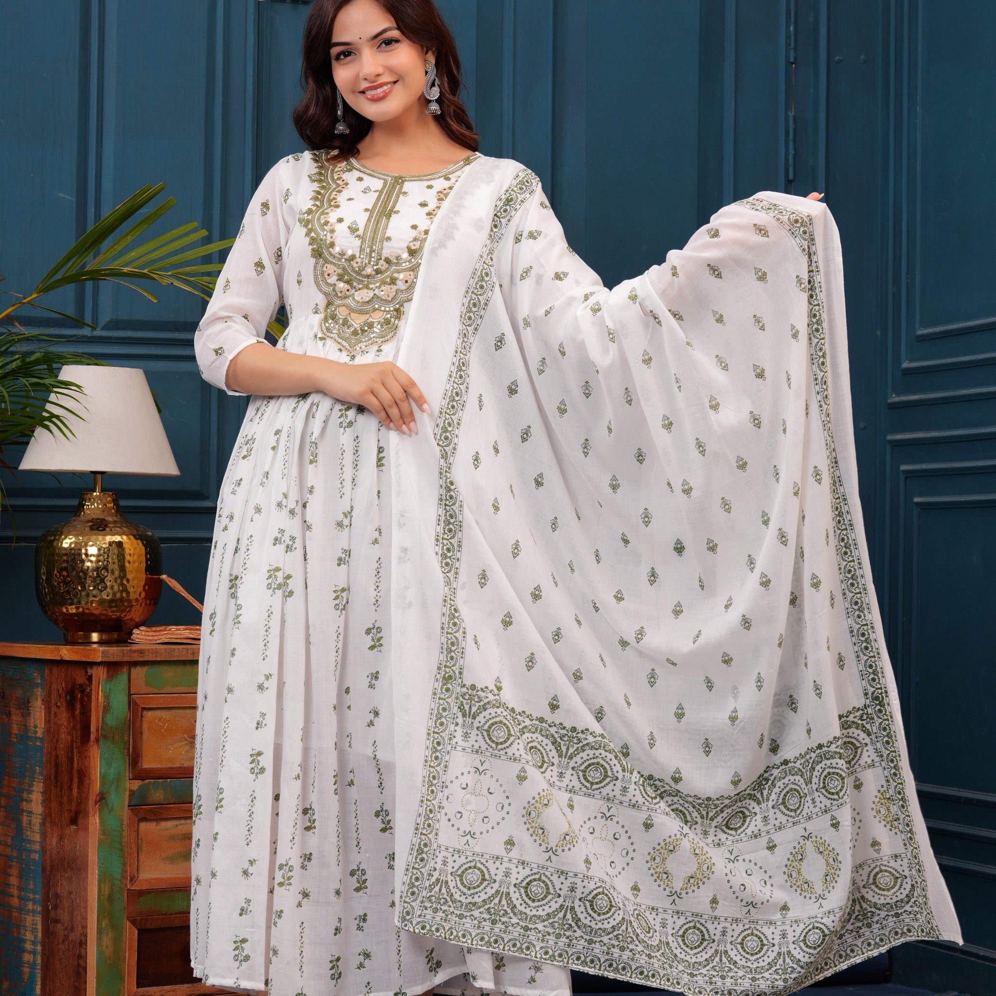 White Green Embroidered Mulmul Anarkali Gown with Dupatta