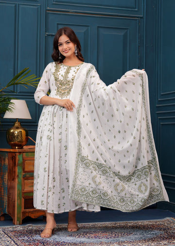 White Green Embroidered Mulmul Anarkali Gown with Dupatta