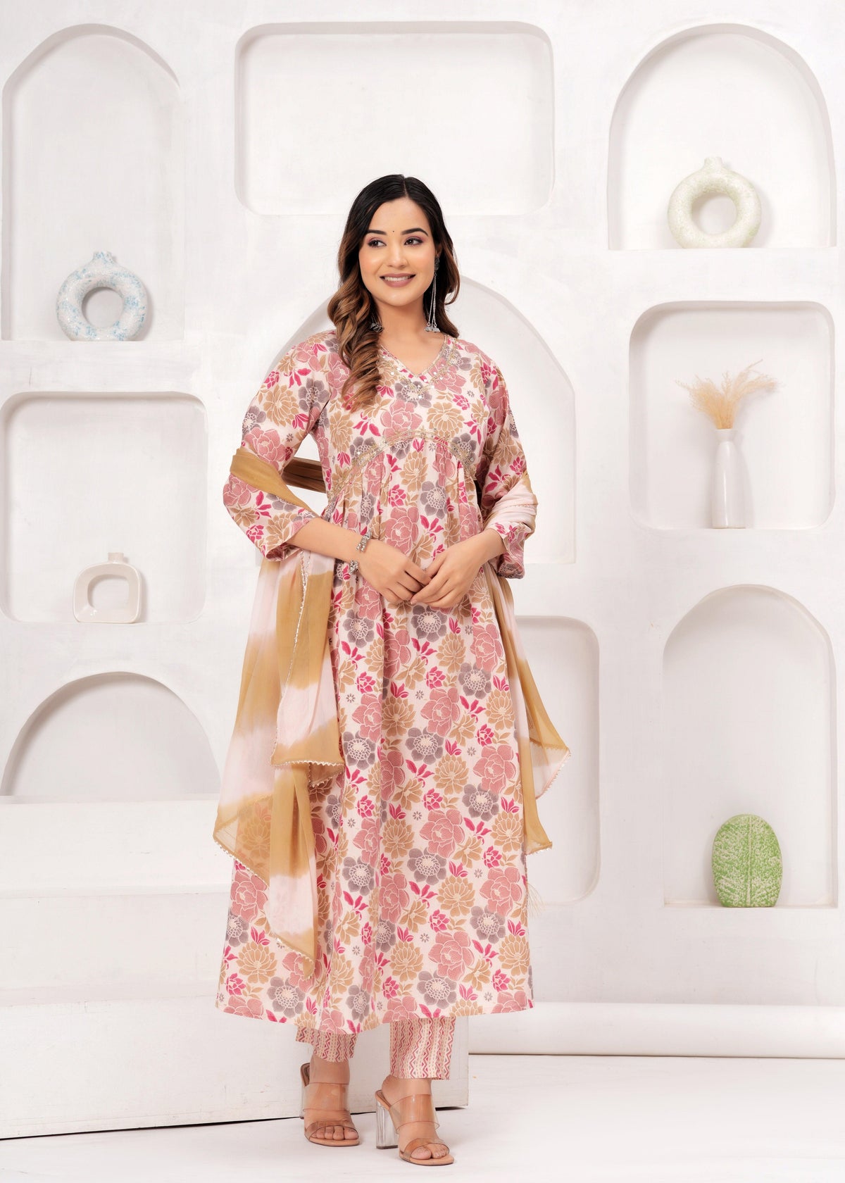 Floral Printed Muslin Alia Cut Suit Set with Pale Copper Chiffon Dupatta