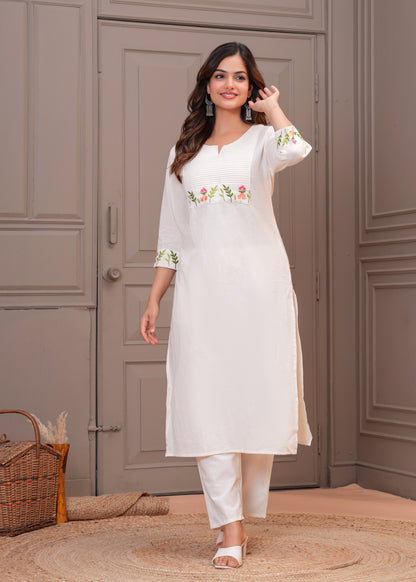 Off White Embroidered Cotton Kurta and Pant Set