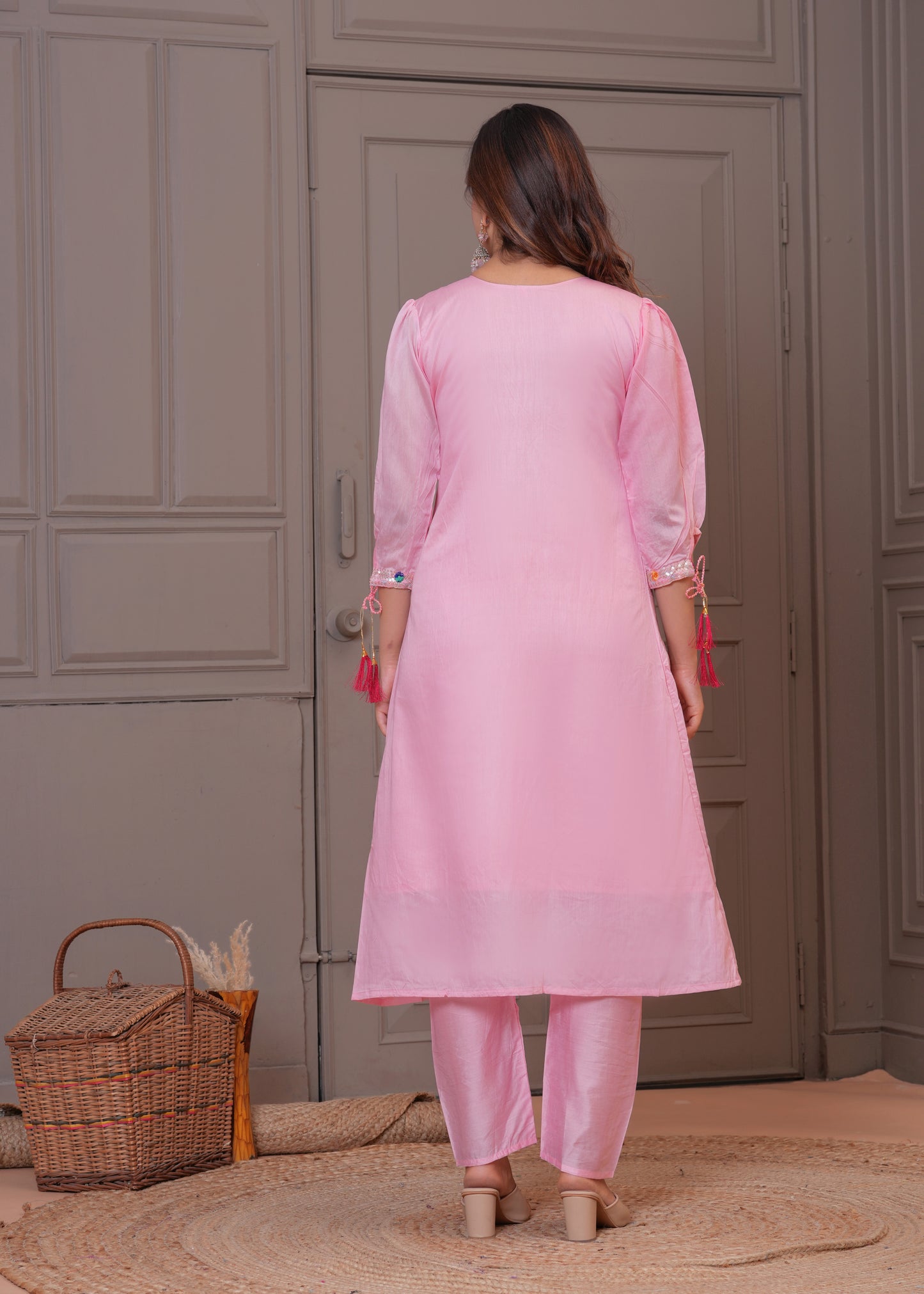 Light Pink Embroidered Chanderi Suit Set with Dupatta