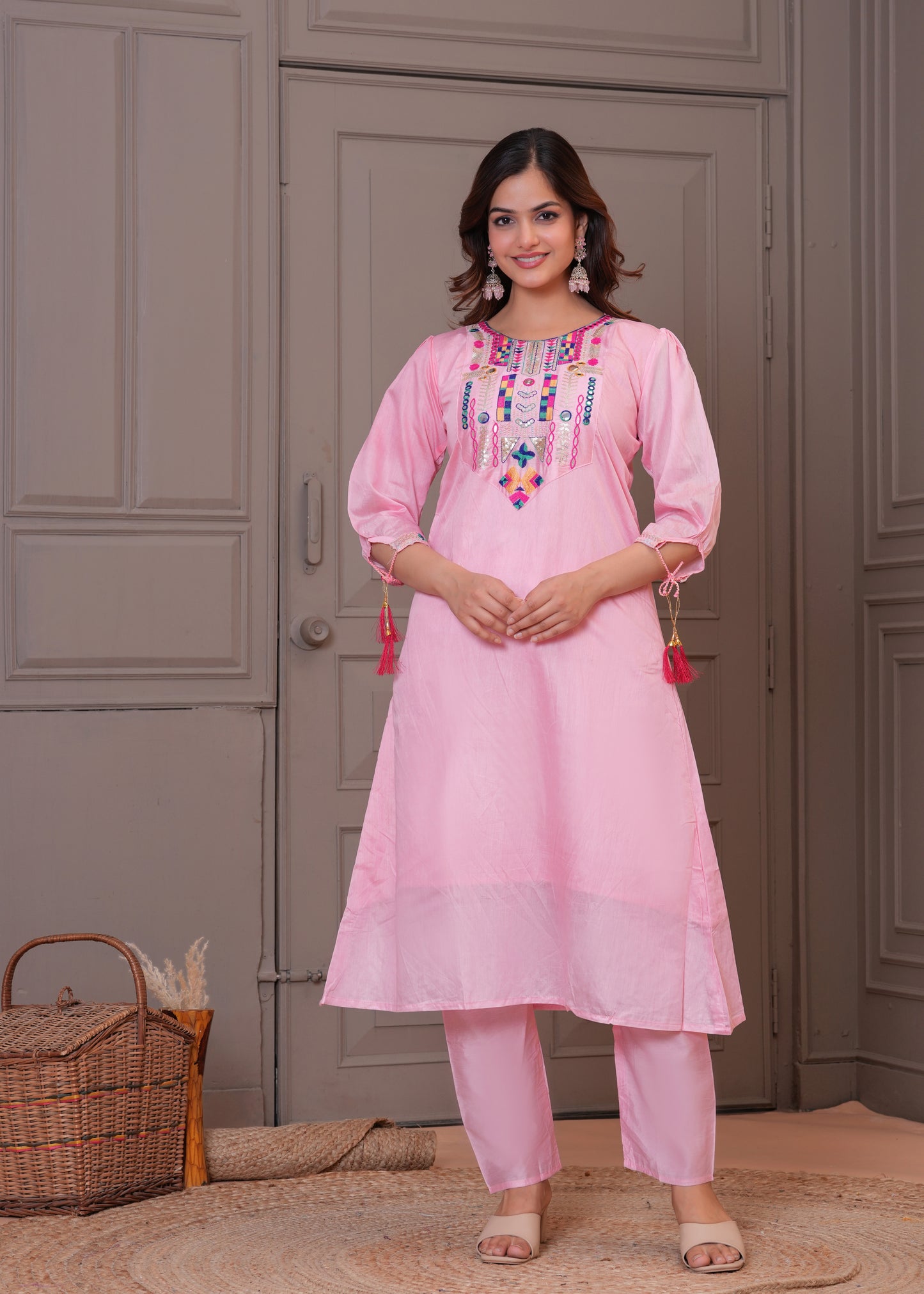 Light Pink Embroidered Chanderi Suit Set with Dupatta