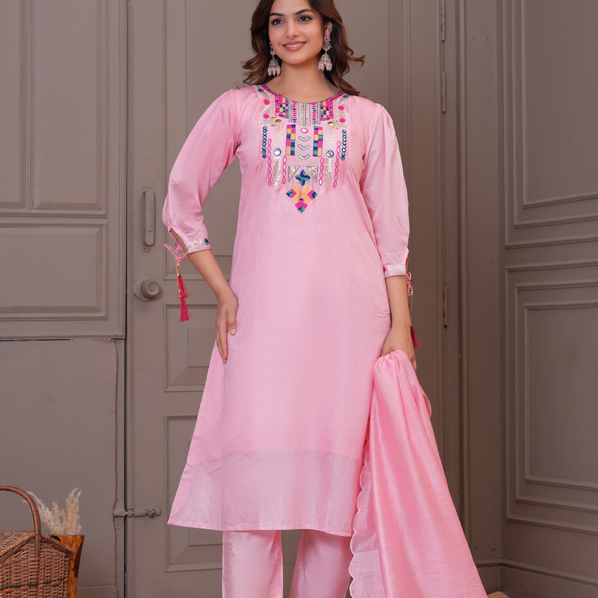 Light Pink Embroidered Chanderi Suit Set with Dupatta