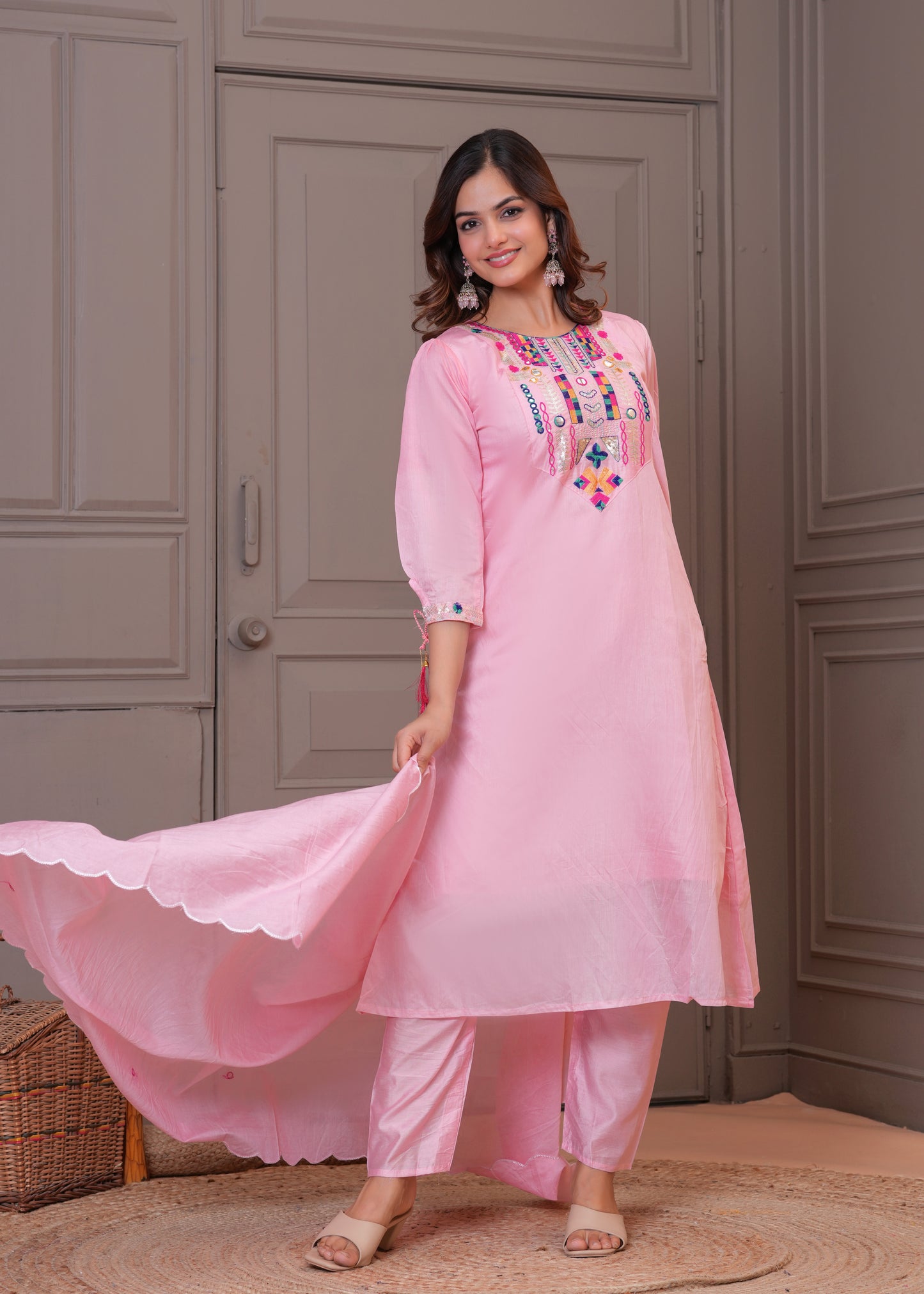 Light Pink Embroidered Chanderi Suit Set with Dupatta