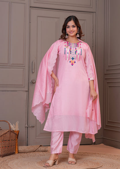 Light Pink Embroidered Chanderi Suit Set with Dupatta