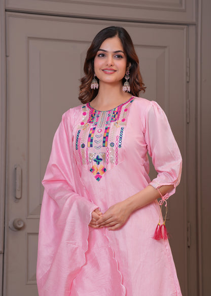 Light Pink Embroidered Chanderi Suit Set with Dupatta