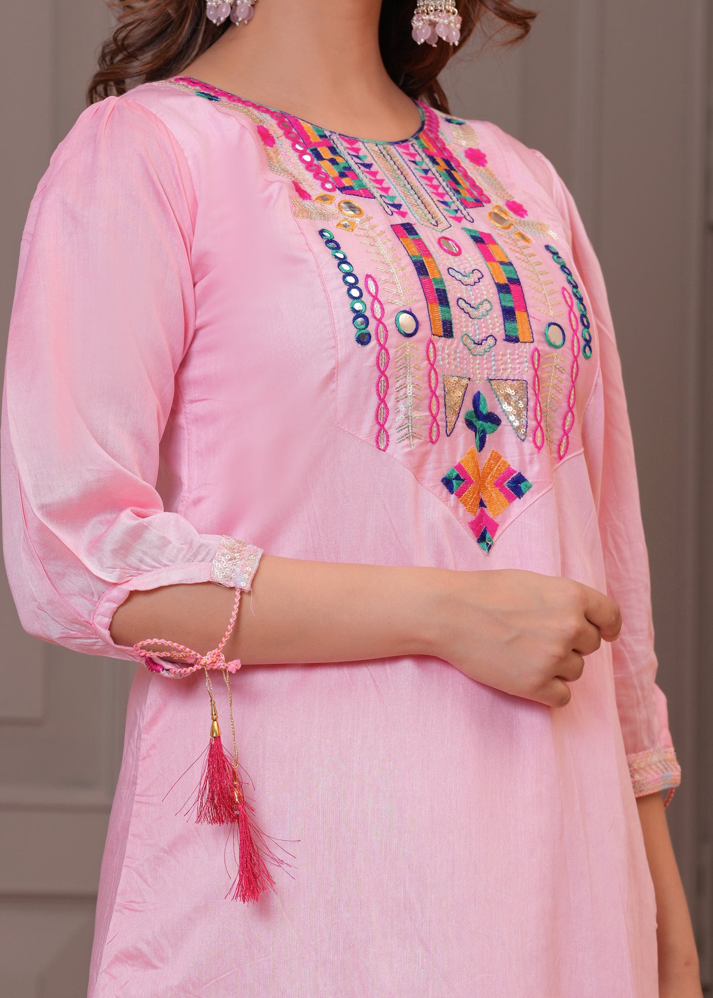 Light Pink Embroidered Chanderi Suit Set with Dupatta