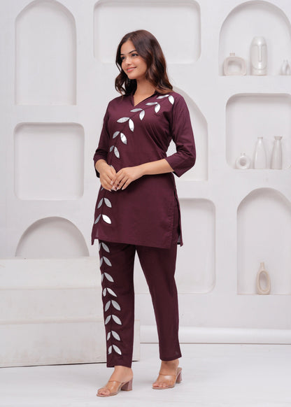 Wine Embellished Cotton Co-Ord Set