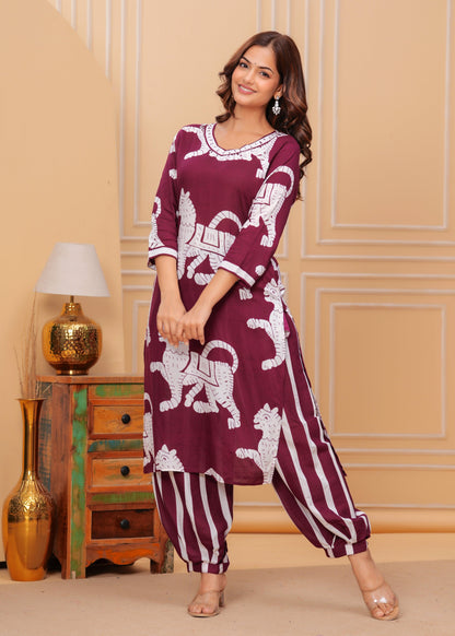 Maroon Printed Rayon Kurta and Pant Set