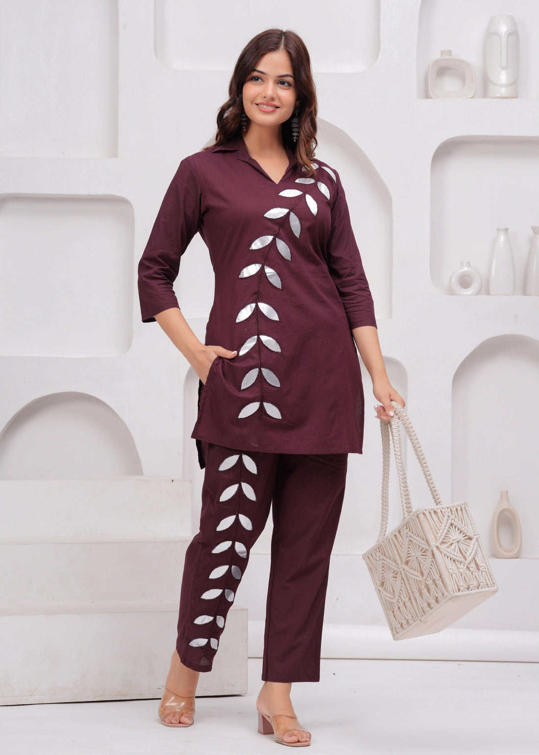 Wine Embellished Cotton Co-Ord Set