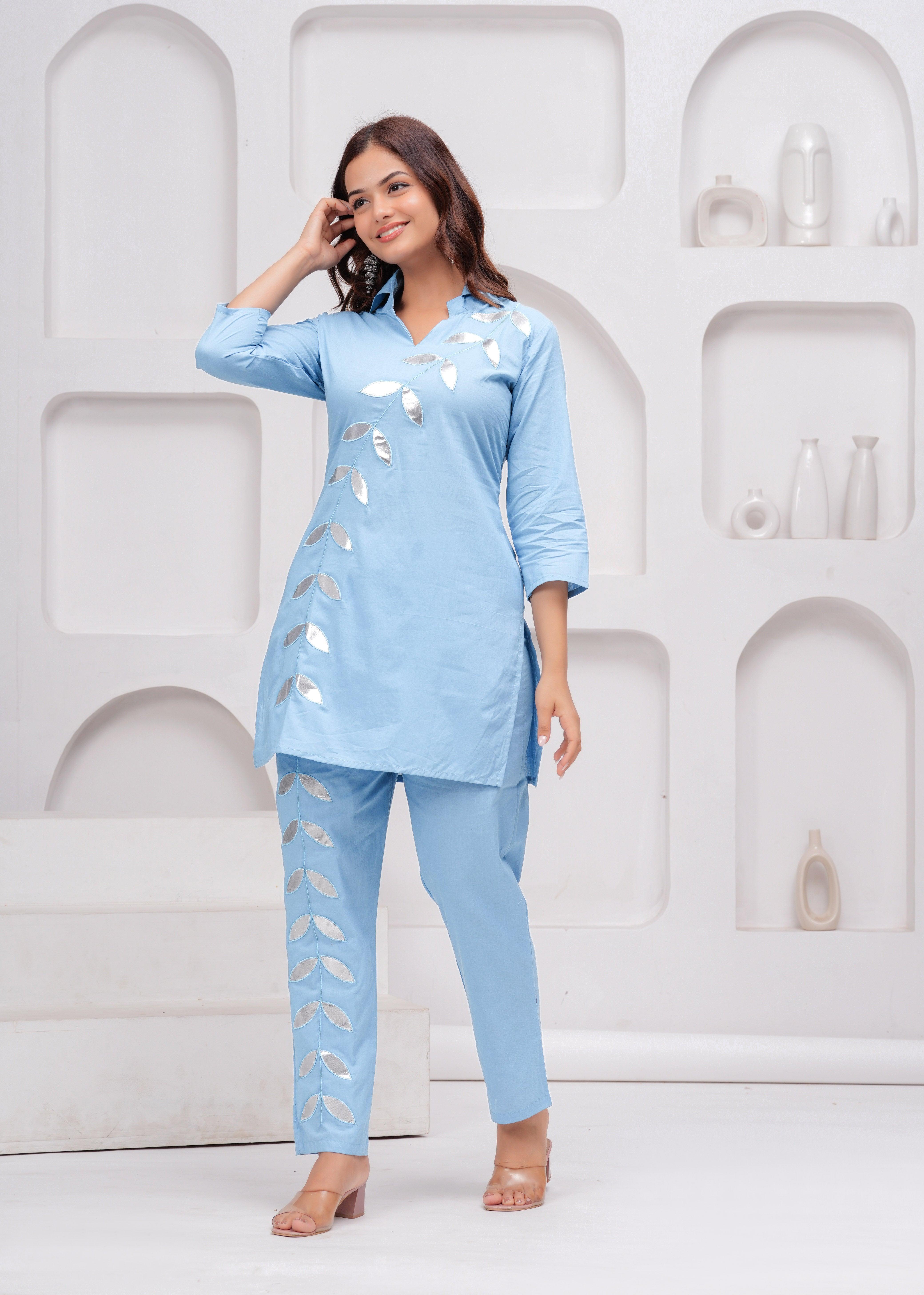 Sky Blue Embellished Cotton Co-Ord Set
