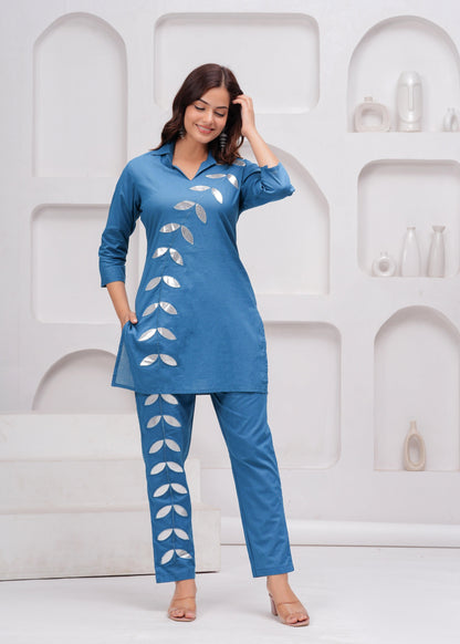 Denim Blue Embellished Cotton Co-Ord Set