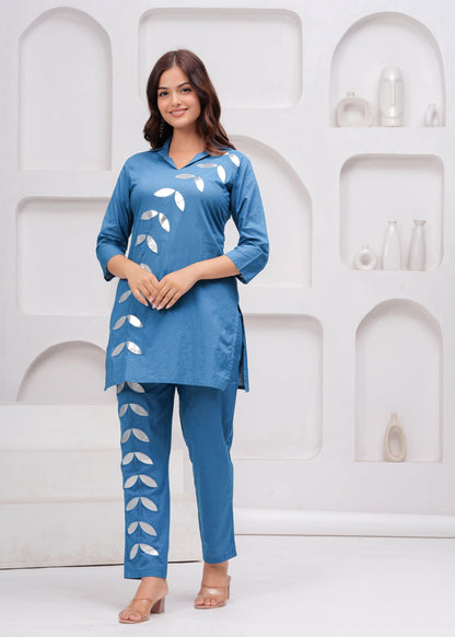 Denim Blue Embellished Cotton Co-Ord Set