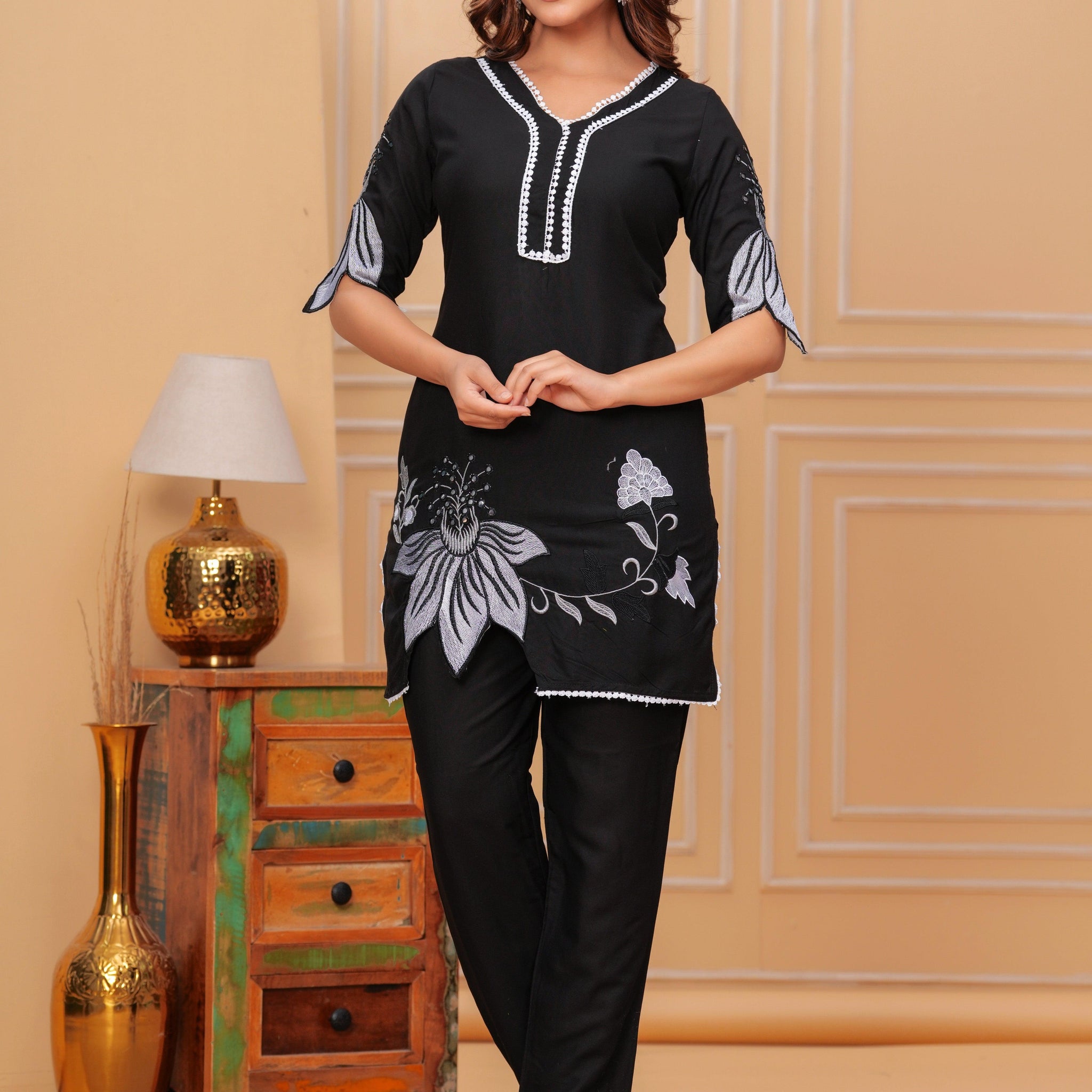 Black Embroidered Rayon Kurta and Pant Set