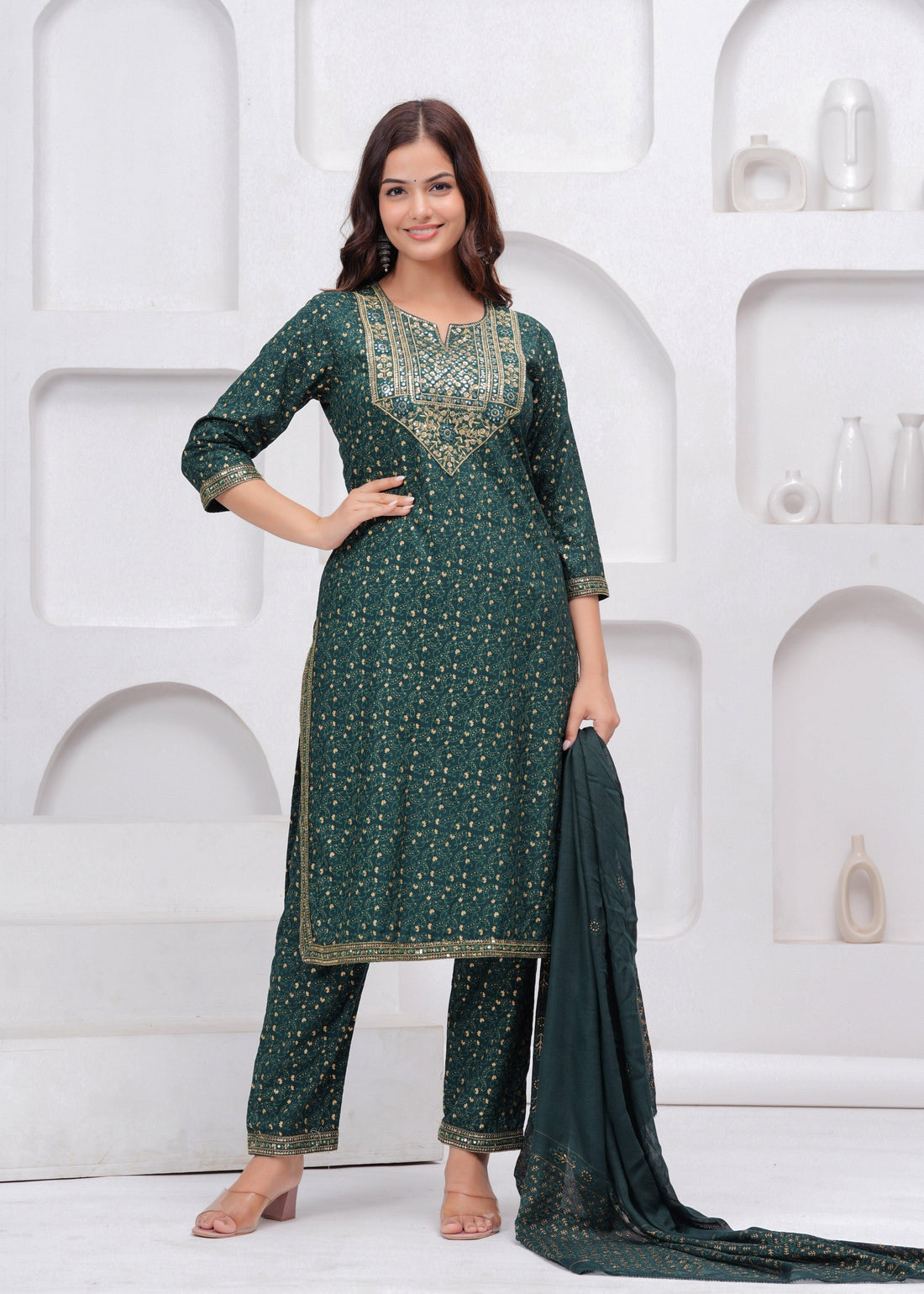 Dark Green Sequence Embroidered Rayon Kurta and Pant Set with Mulmul Dupatta