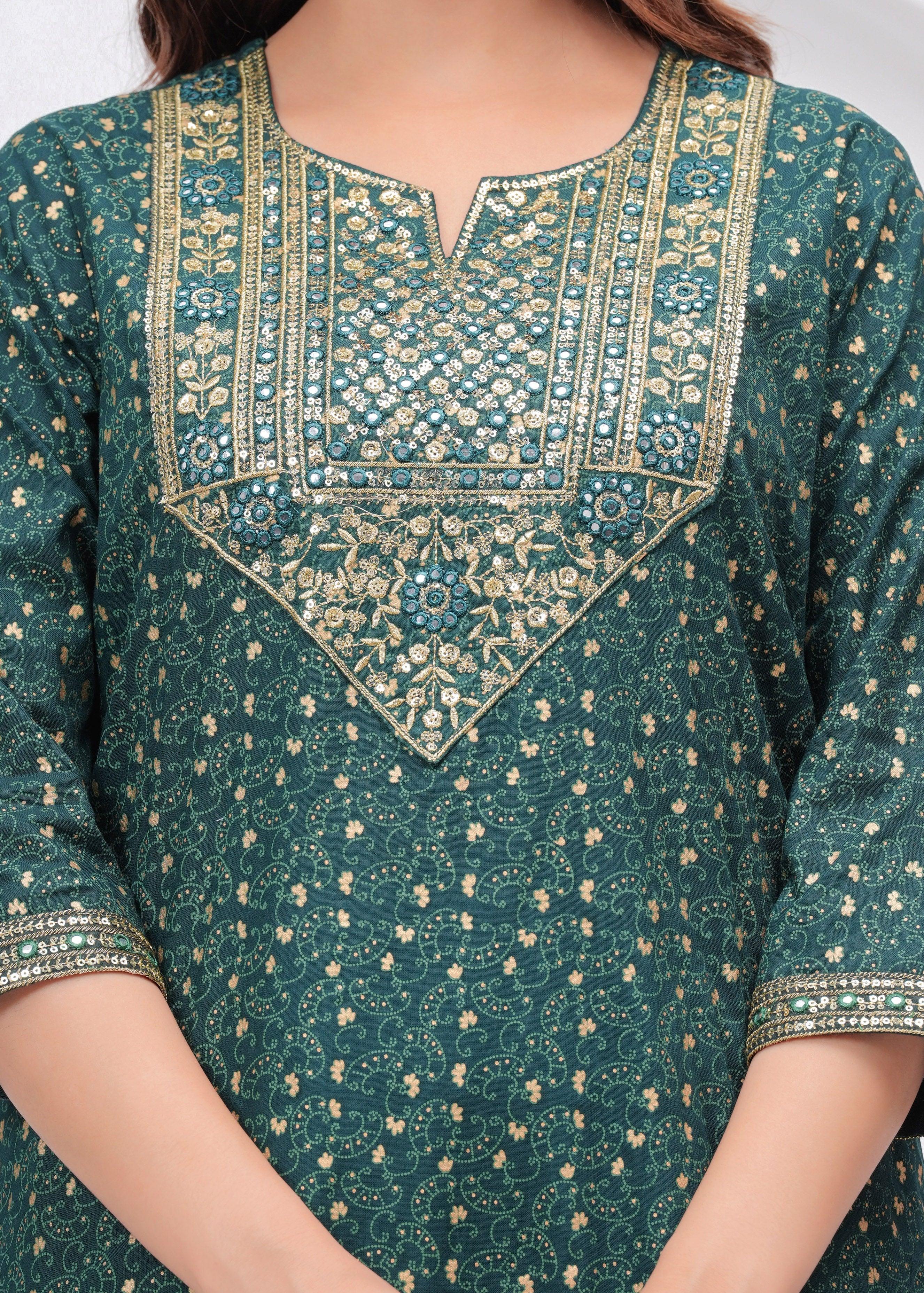 Dark Green Sequence Embroidered Rayon Kurta and Pant Set with Mulmul Dupatta