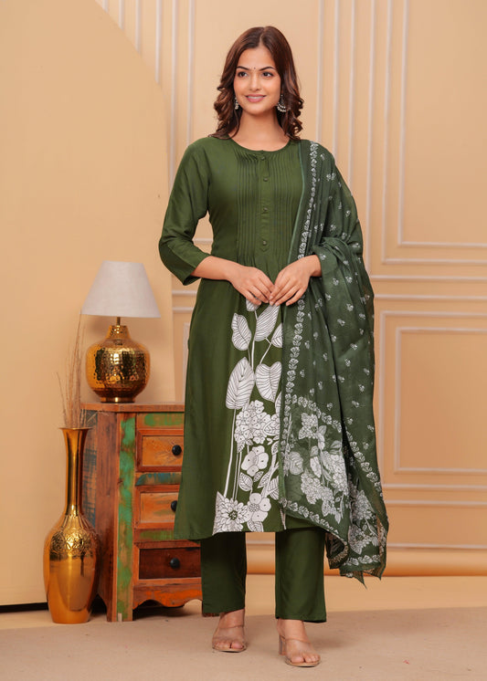 Camo Green Printed Rayon Suit Set