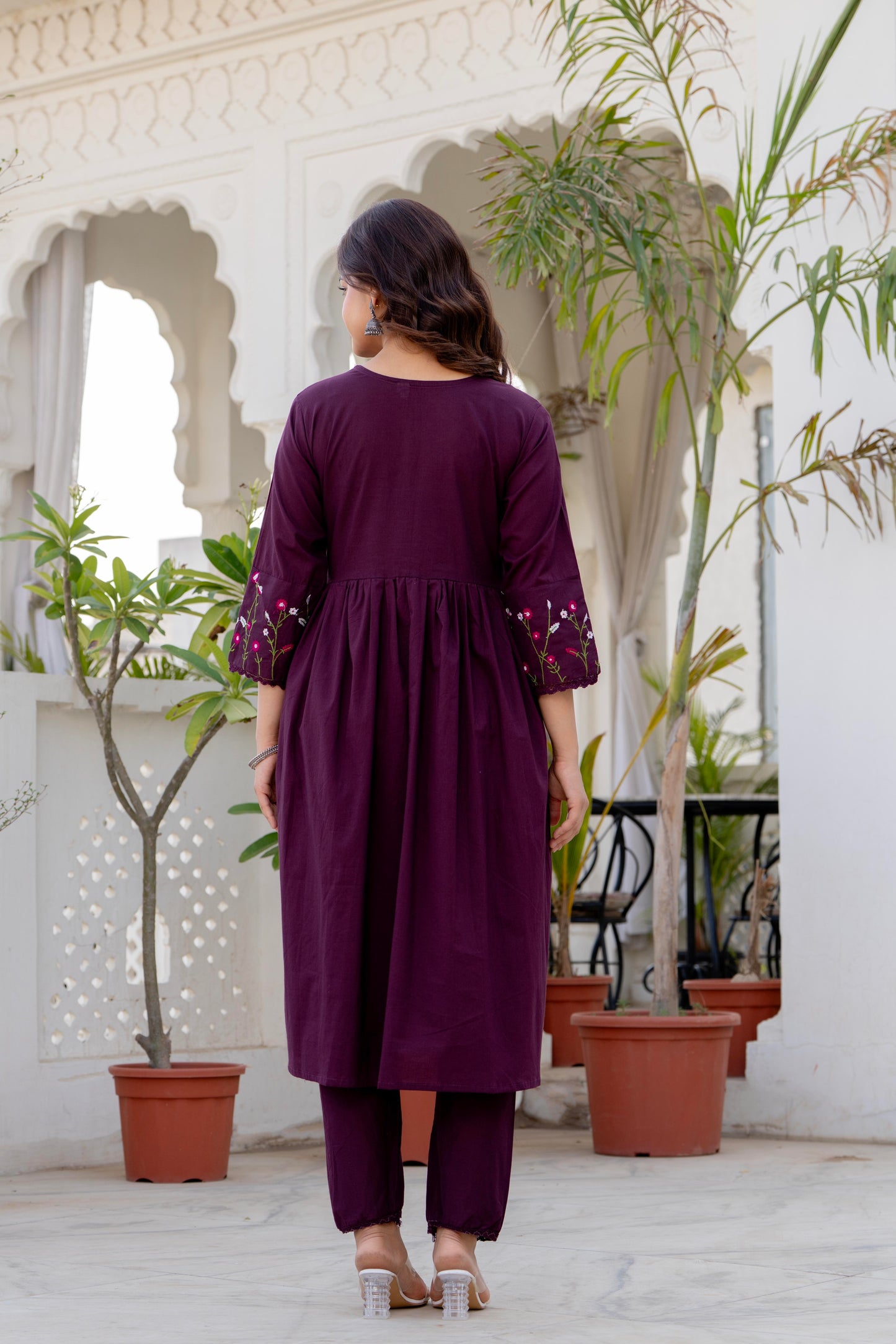 Wine Embroidered Cotton Kurta and Pant Set with Dupatta