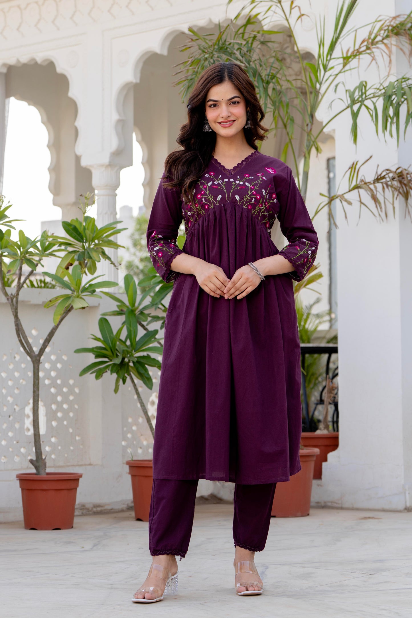 Wine Embroidered Cotton Kurta and Pant Set with Dupatta