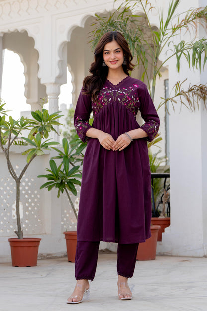 Wine Embroidered Cotton Kurta and Pant Set with Dupatta