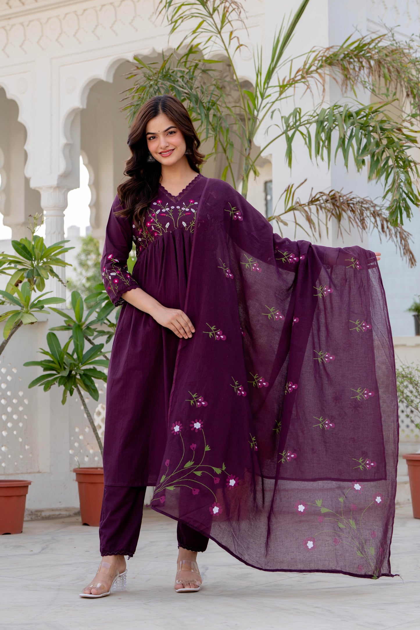 Wine Embroidered Cotton Kurta and Pant Set with Dupatta