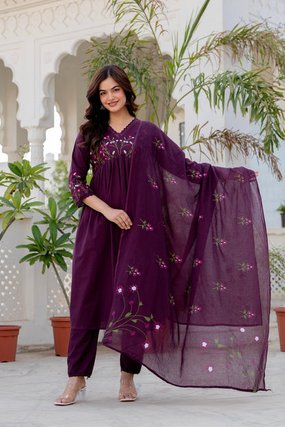 Wine Embroidered Cotton Kurta and Pant Set with Dupatta