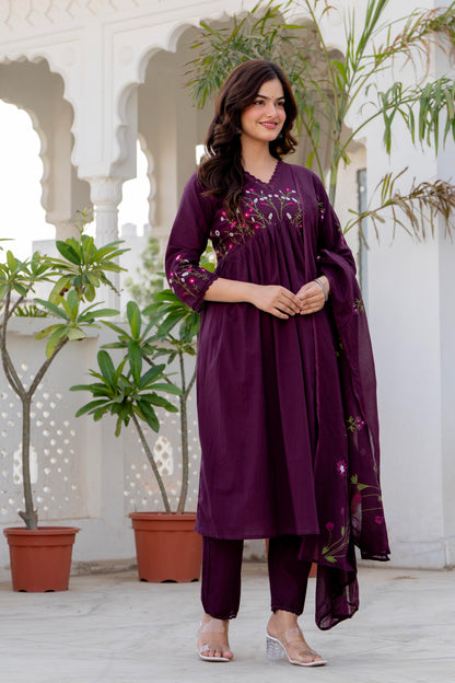 Wine Embroidered Cotton Kurta and Pant Set with Dupatta