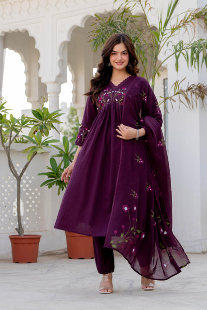 Wine Embroidered Cotton Kurta and Pant Set with Dupatta