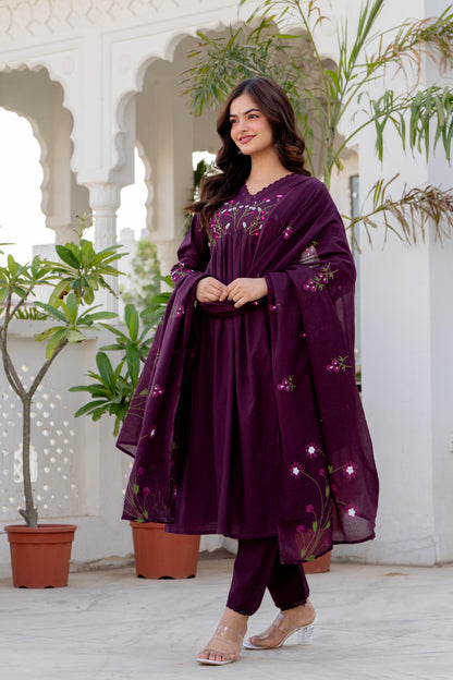 Wine Embroidered Cotton Kurta and Pant Set with Dupatta