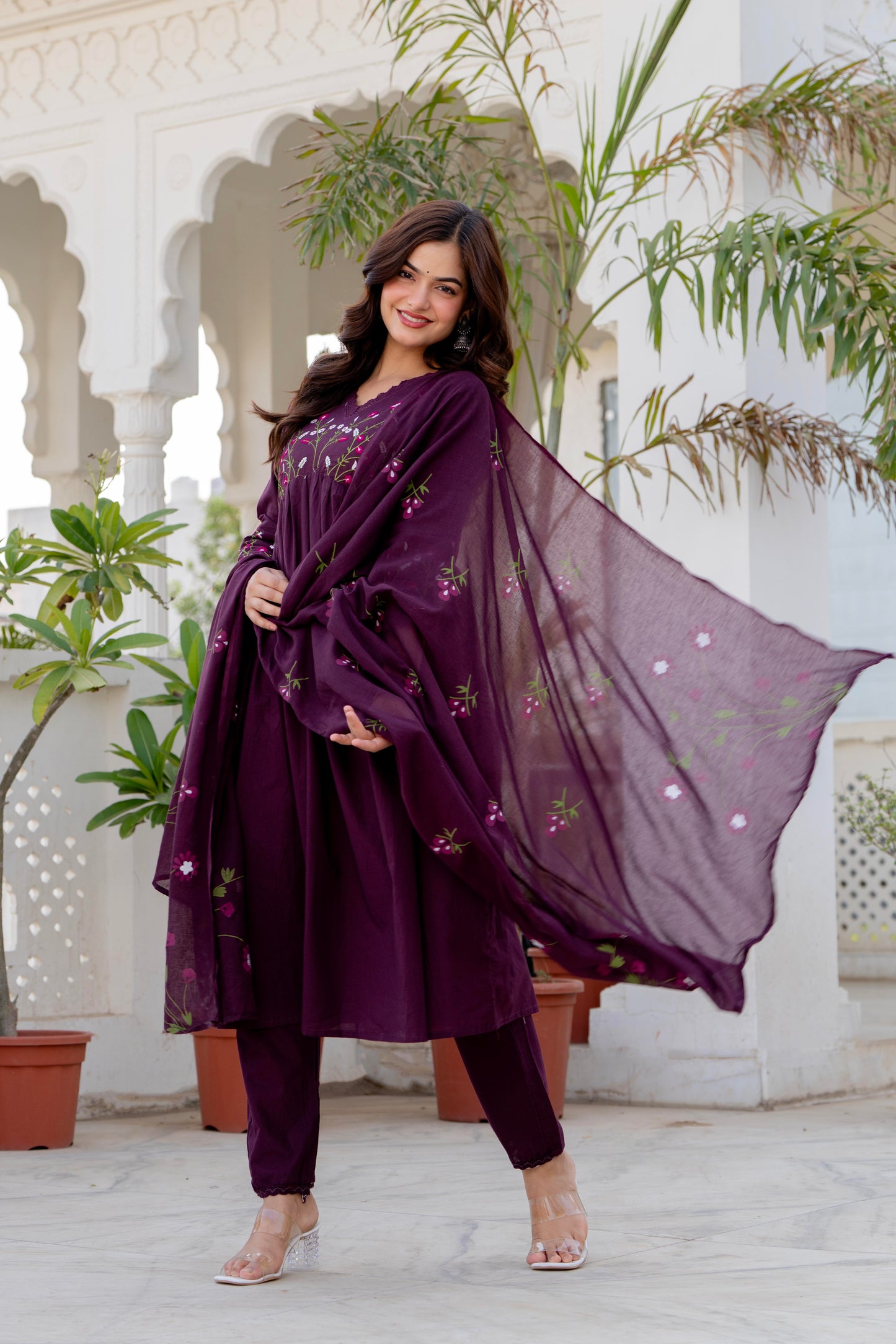 Wine Embroidered Cotton Kurta and Pant Set with Dupatta