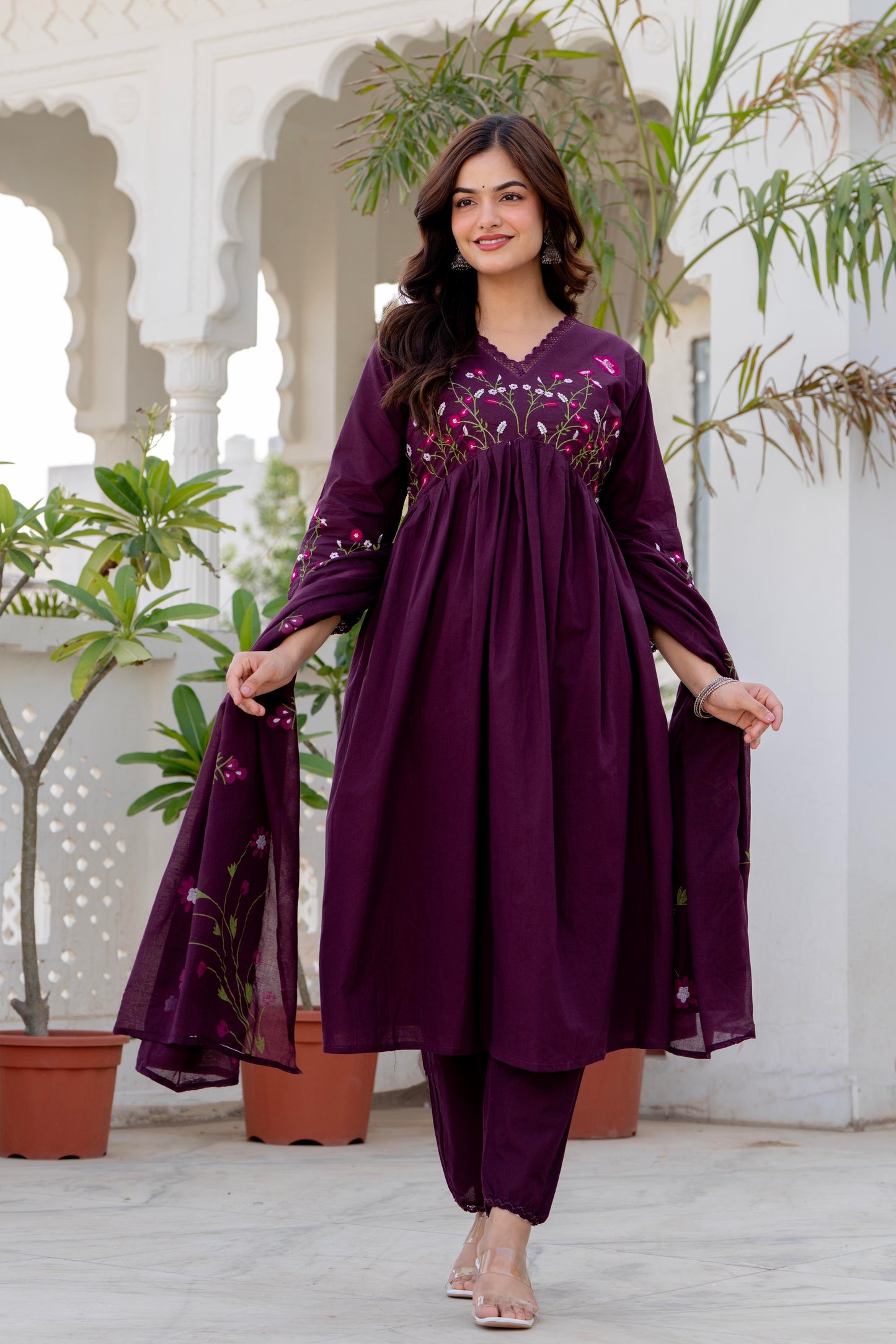 Wine Embroidered Cotton Kurta and Pant Set with Dupatta
