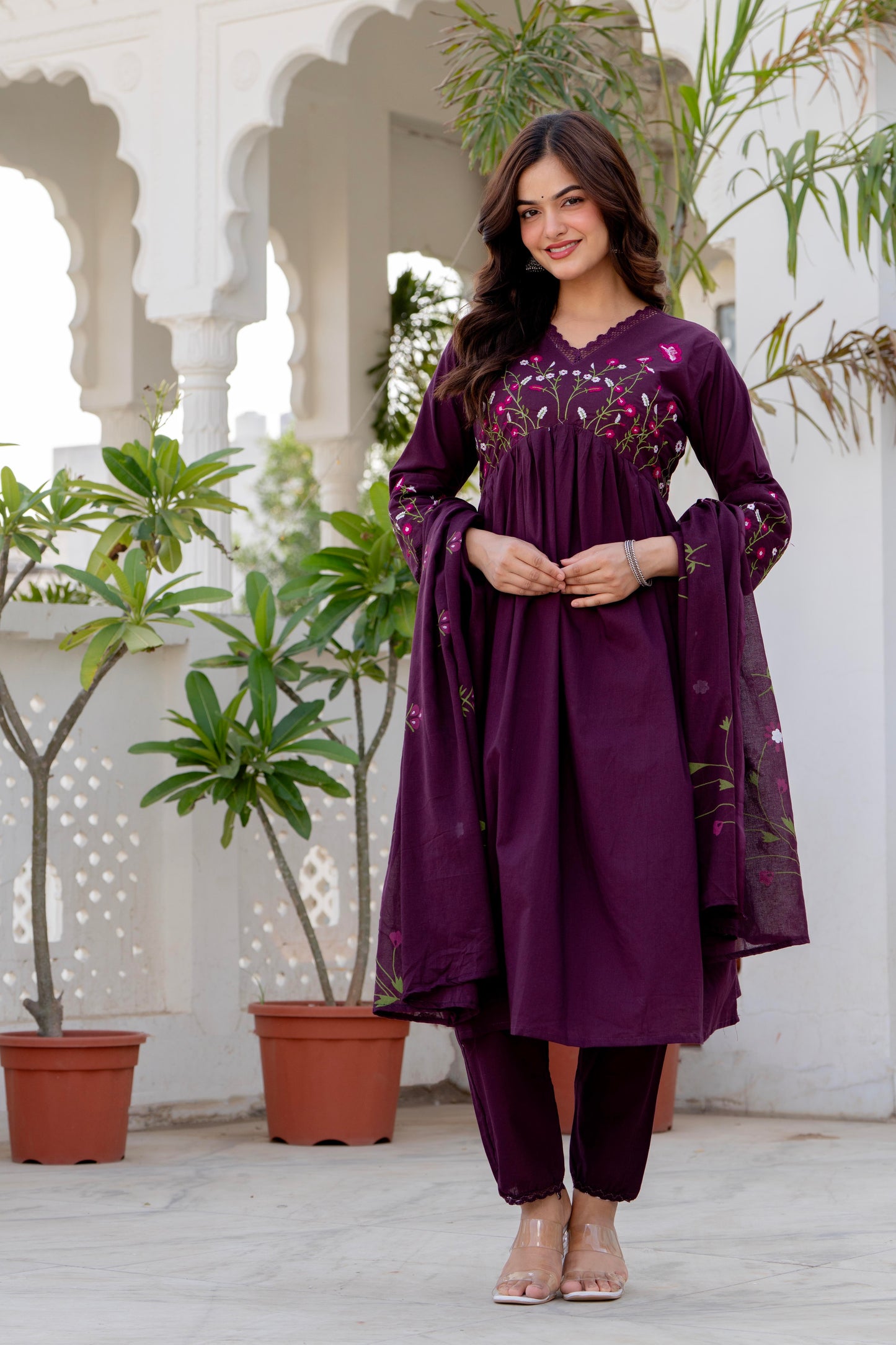 Wine Embroidered Cotton Kurta and Pant Set with Dupatta