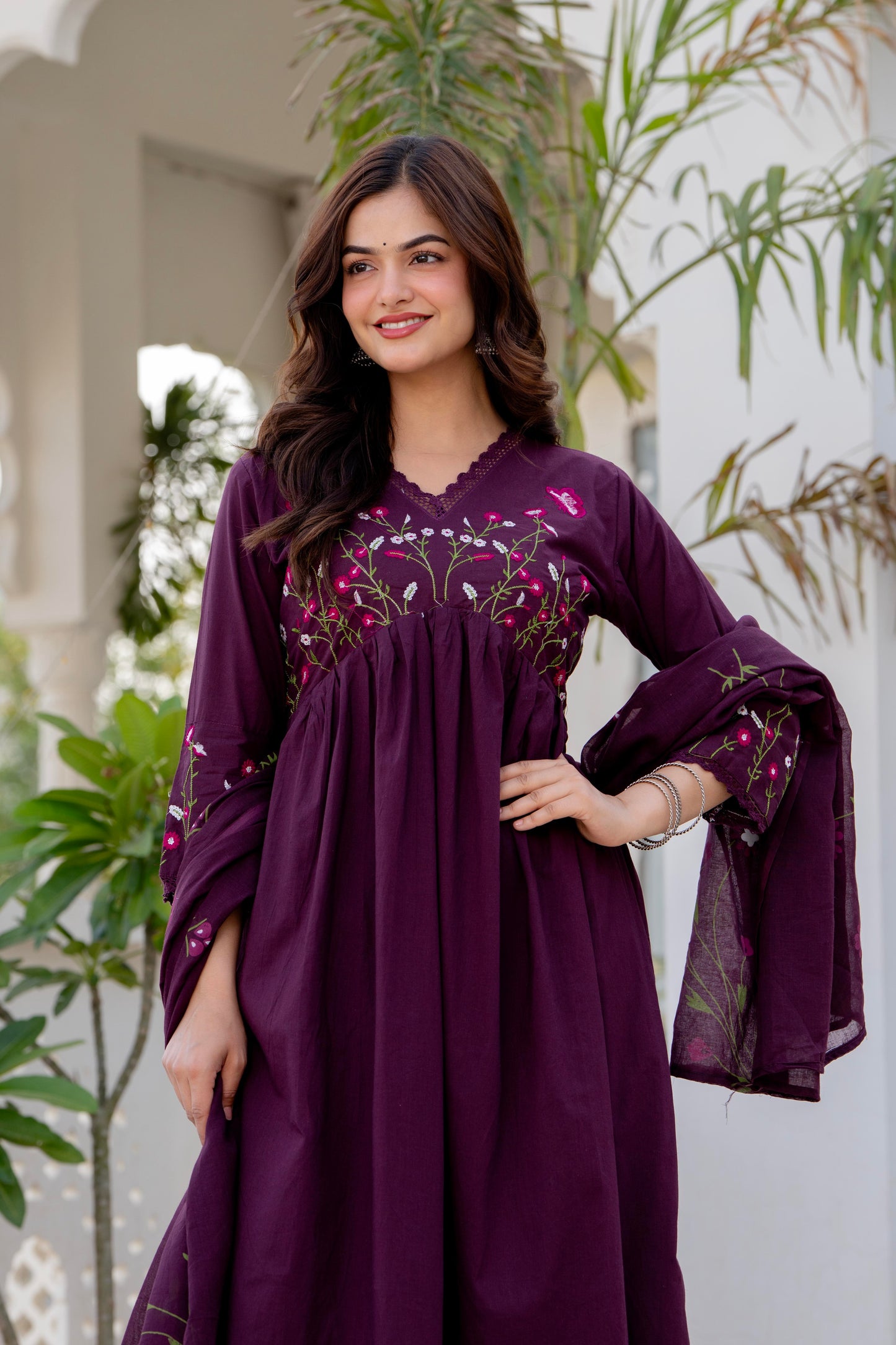 Wine Embroidered Cotton Kurta and Pant Set with Dupatta