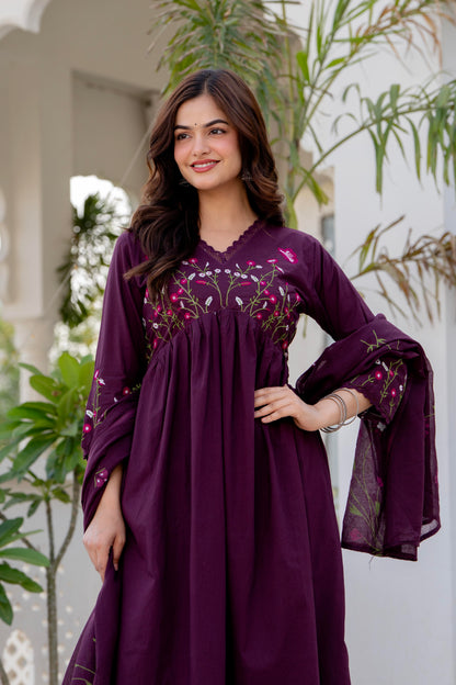Wine Embroidered Cotton Kurta and Pant Set with Dupatta