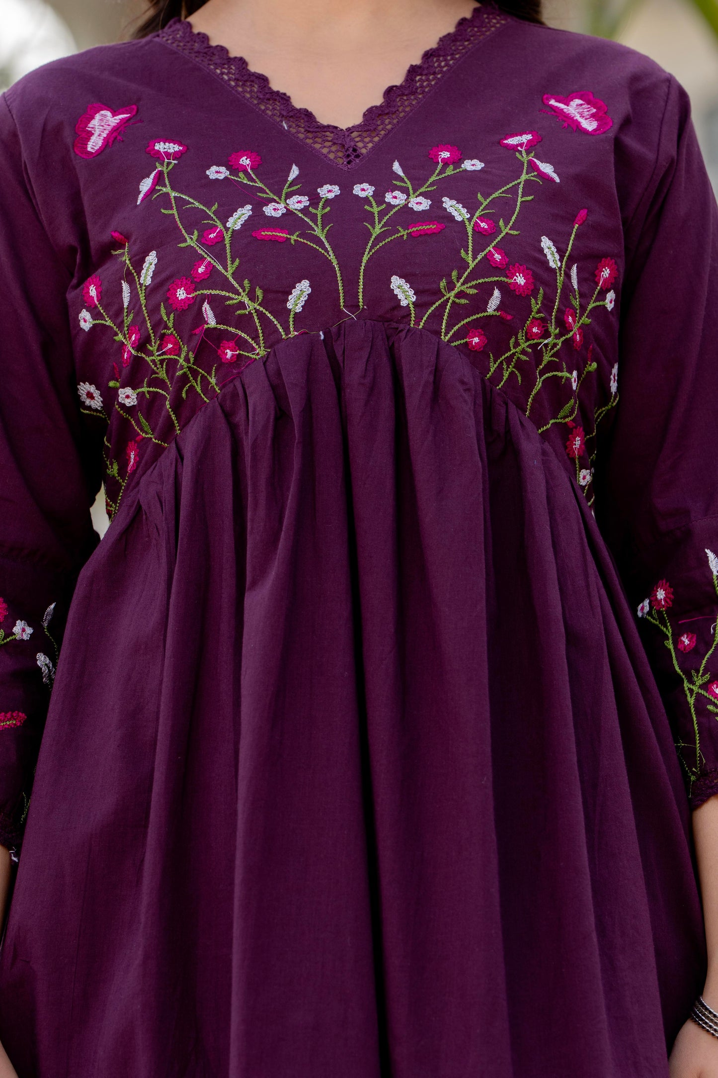 Wine Embroidered Cotton Kurta and Pant Set with Dupatta