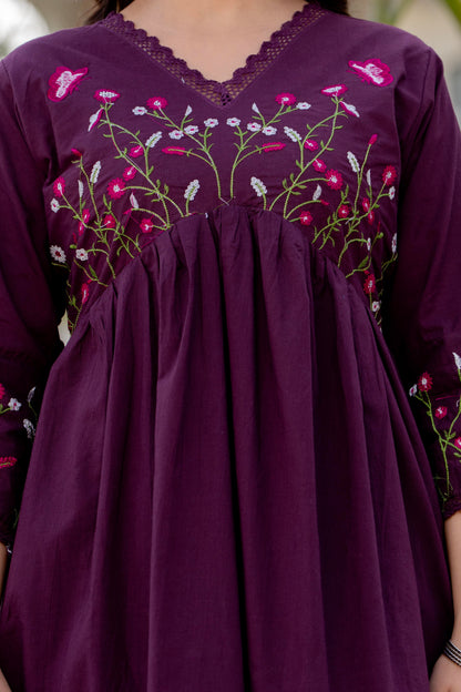 Wine Embroidered Cotton Kurta and Pant Set with Dupatta