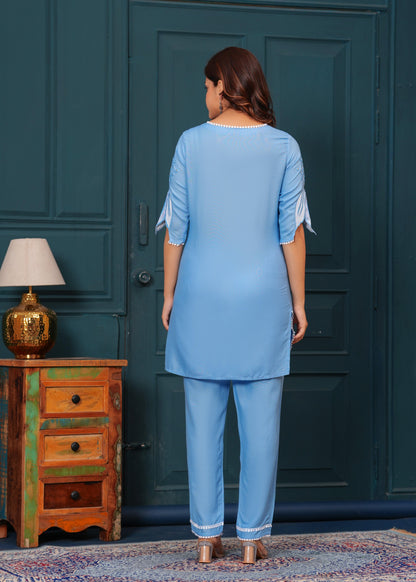 Cloudy Blue Embroidered Rayon Kurta and Pant Set