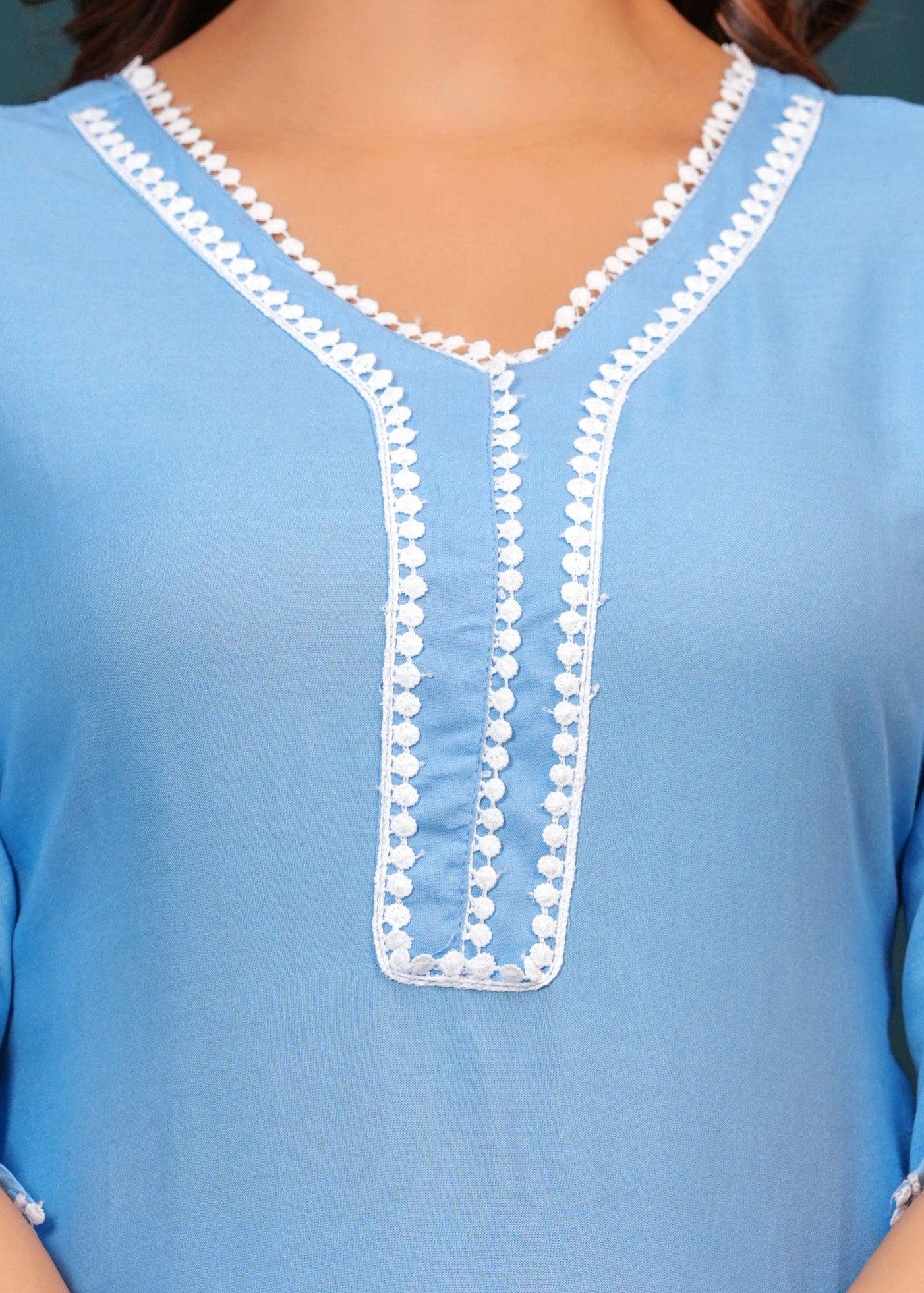 Cloudy Blue Embroidered Rayon Kurta and Pant Set
