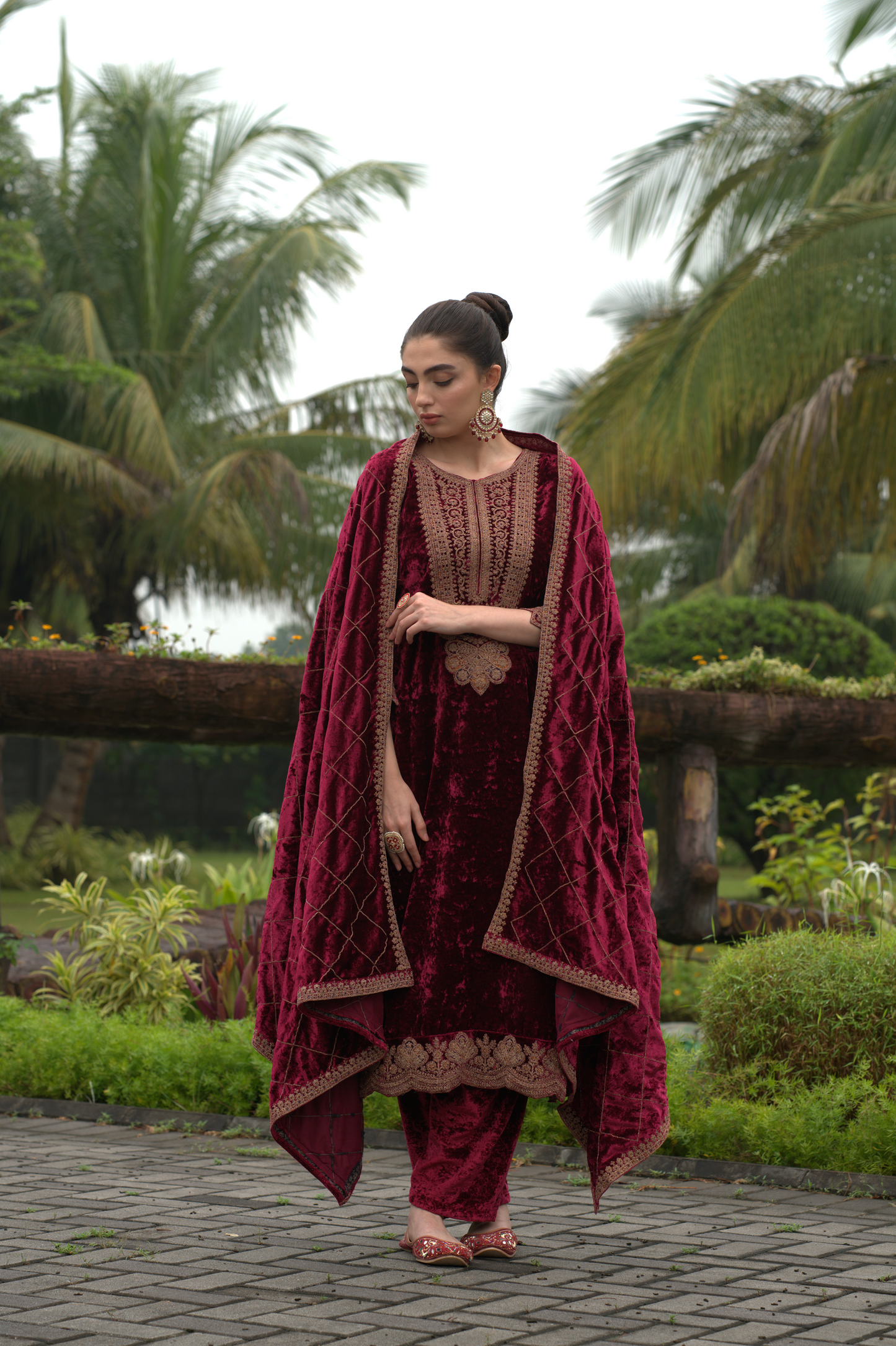 Maroon Designer Velvet Pakistani Suit Set