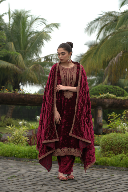 Maroon Designer Velvet Pakistani Suit Set