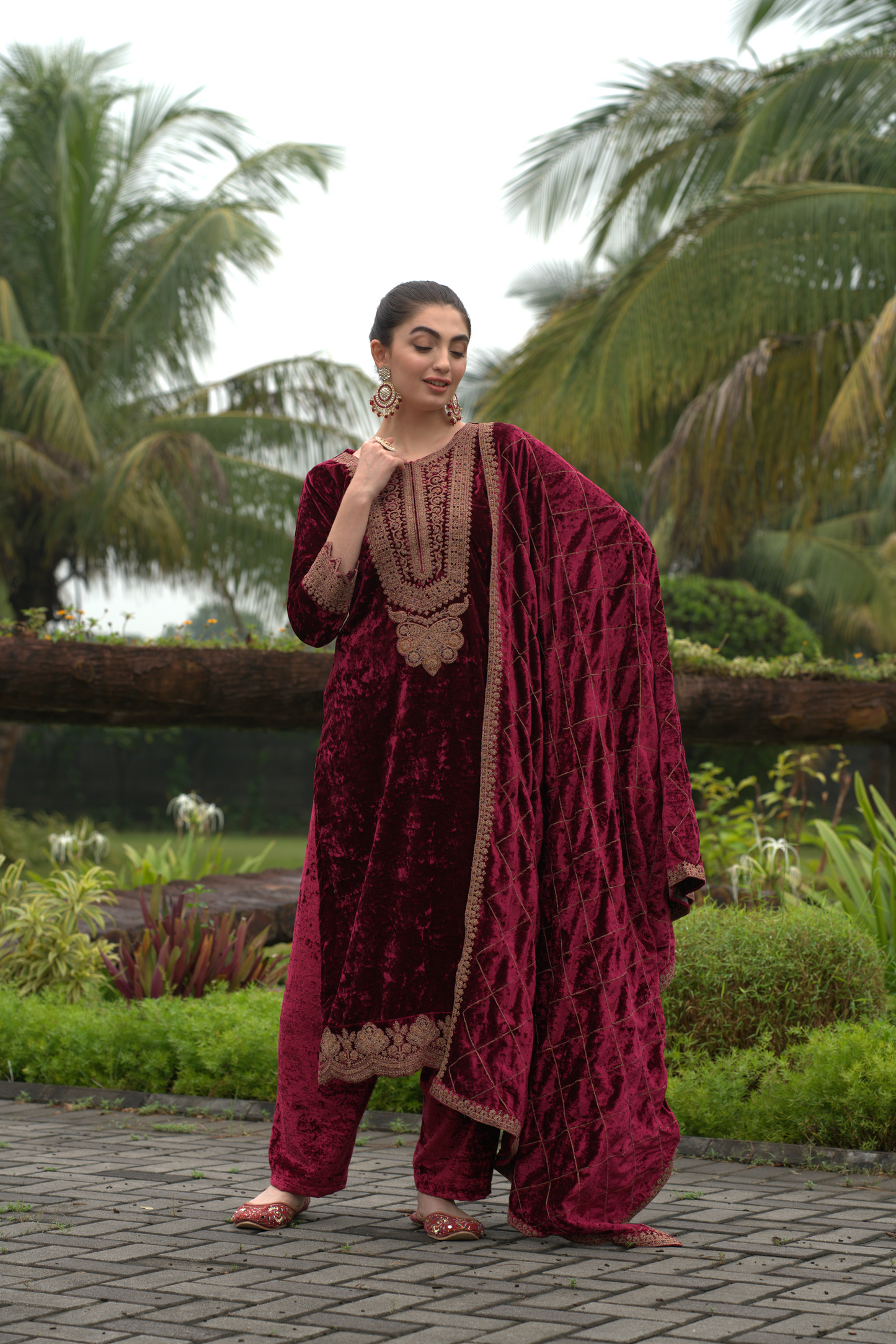 Maroon Designer Velvet Pakistani Suit Set